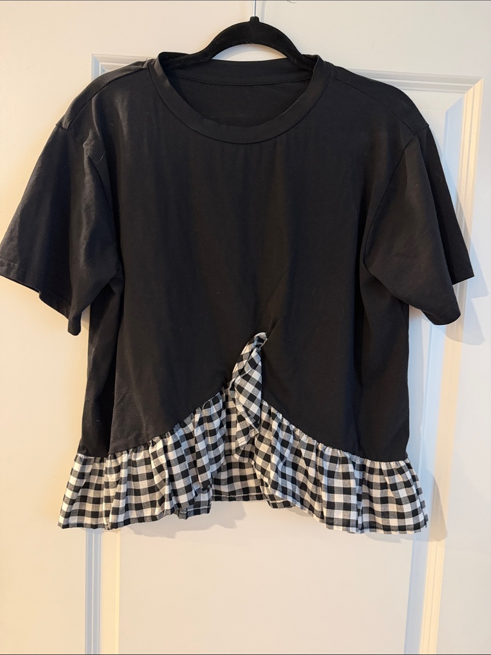Black womens Ruffle Hem Tee with Gingham Trim